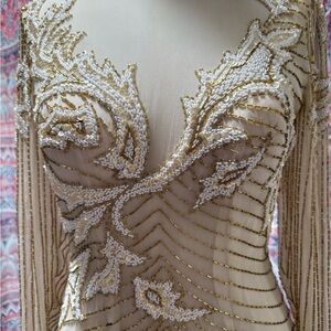 A.J. Bari Tan Cream Embellished Plunge Beaded Sheer Dress